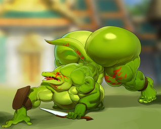 anthro ass_up big_butt big_muscles big_pecs butt huge_butt huge_muscles huge_pecs hyper hyper_muscles hyper_pecs jack-o'_pose male melee_weapon muscular muscular_anthro muscular_male nipples nude pecs pose shield solo sword tail tapering_tail thick_thighs weapon justmegabenewell bandai_namco soul_calibur aeon_calcos lizardman lizardman_race_(soulcalibur) scalie digital_media_(artwork) hi_res