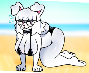 all_fours anthro beach bikini black_bikini black_clothing black_swimwear breasts choker clothing eyewear female glasses hanging_breasts heart_symbol jewelry necklace paws rabbit_ears sand scut_tail short_tail solo swimwear tail two-piece_swimsuit lornalla bnuyu_(lornalla) lagomorph mammal hi_res