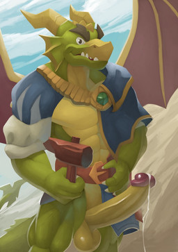 2_horns abs anthro balls belt bodily_fluids clothed clothing cum cum_drip dripping ear_frill ejaculation erection eyebrows frill_(anatomy) genital_fluids genitals glans green_body hammer head_spikes holding_hammer holding_object holding_tool horn humanoid_genitalia humanoid_penis ineffective_clothing jewelry male membrane_(anatomy) membranous_wings muscular muscular_anthro muscular_male necklace pecs penis solo spade_tail spikes spikes_(anatomy) tail teeth_showing thick_eyebrows tools underbite wings kittikary activision mythology spyro_reignited_trilogy spyro_the_dragon nestor_(spyro) rescued_dragons_(spyro) dragon mythological_creature mythological_scalie scalie 2018 digital_media_(artwork) hi_res portrait three-quarter_portrait