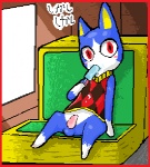 anthro biped blue_body blush border bottomless clothed clothing erection food genitals inside_train male penis popsicle public public_transportation red_border red_eyes sea_salt_ice_cream sitting solo sweater topwear train vehicle unknown_artist animal_crossing nintendo rover_(animal_crossing) domestic_cat felid feline felis mammal low_res