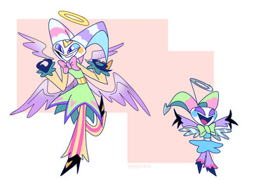 back_wings bow_tie clothing disembodied_wings feathered_wings feathers floating_wings fool's_hat grin hat headgear headwear heart_symbol jester male simple_background smile unusual_anatomy unusual_wings wings young emositecc hellaverse helluva_boss fizzarolli_(helluva_boss) angel angel_humanoid humanoid colored