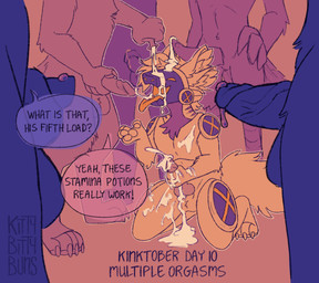 4_ears anthro bodily_fluids bukkake cum cum_drip cum_on_face cum_pool cum_pooling cumshot dialogue dripping ejaculation fluffy fluffy_tail genital_fluids genitals group knot knotted_penis machine male male/male masturbation multi_ear multi_genitalia multi_penis multiple_orgasms orgasm penis potion potion_bottle puddle speech_bubble stamina_potion tail kittybittybuns protogen hi_res