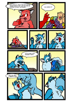 anthro apple banana blue_body blue_fur blueberry_(fruit) cauldron chubby_cheeks color_change dialogue duo eating fangs feral food fruit fur grape male orange_(fruit) overweight overweight_anthro overweight_male pink_tongue plant red_body red_fur red_insides soft_vore speech_bubble stuffing teeth text tongue vore weight_gain dutch_(artist) mammal mustelid otter procyonid raccoon 2011 colored comic english_text