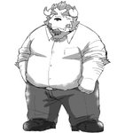 anthro belly bottomwear clothing cute_fangs fangs kemono male overweight overweight_anthro overweight_male pants shirt simple_background solo teeth topwear white_background emufu lifewonders tokyo_afterschool_summoners chernobog_(tas) 1:1 2017 hi_res monochrome