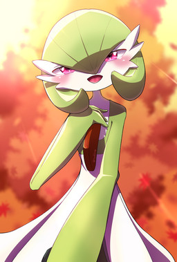 blush clothing dress female green_body green_hair green_skin hair hand_on_chest not_furry red_eyes smile solo sunset white_body white_skin tsukkong nintendo pokemon gardevoir generation_3_pokemon pokemon_(species) hi_res