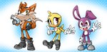 alternate_form alternate_species anthro beak bib blush cheek_tuft clothing eyelashes facial_tuft feathers female footwear furrification gesture gloves group handwear hook looking_at_viewer male purple_body red_body shoes smile tail tail_feathers tuft waving yellow_body thegreatrouge five_nights_at_freddy's scottgames sega sonic_the_hedgehog_(series) bonnie_(fnaf) chica_(fnaf) foxy_(fnaf) avian bird canid canine chicken fox galliform gallus_(genus) lagomorph leporid mammal phasianid rabbit 2016 hi_res