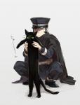 ambiguous_gender black_body black_fur black_hair cape clothed clothing crouching duo feral fur green_eyes hair hat headgear headwear male simple_background text white_background k_reizi atlus devil_summoner longcat megami_tensei sega gouto_douji kuzunoha_raidou domestic_cat felid feline felis human mammal 2017 japanese_text meme