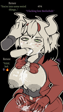 age_difference areola bare_breasts black_background bodily_fluids cartoon_freckles clothing cosplay crossover_cosplay cum cum_drip cum_on_face dripping duo eyelashes female freckled_face freckles genital_fluids hair hand_in_hair holding_head implied_ejaculation implied_handjob implied_thigh_job kneeling kneeling_oral_position long_eyelashes male male/female mature_female messy nipple_dip not_furry older_female oral red_clothing simple_background solo_focus tear_trough text touching_hair vaginal_fluids 404unstable helltaker beelzebub_(helltaker) renee_graves humanoid mammal crossover english_text hi_res