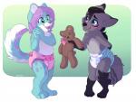 ageplay anthro black_hair blue_body blue_eyes blue_fur blush clean_diaper clothed clothing diaper duo female fur green_eyes grey_body grey_fur hair happy heart_symbol heterochromia infantilism male neck_bow paws plushie purple_hair roleplay simple_background spots teddy_bear wearing_diaper young young_anthro strawberryneko maxcoyote canid canine canis coyote domestic_cat felid feline felis mammal watermark