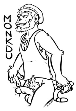 anthro armpit_hair balls beard body_hair facial_hair genitals male penis pubes solo apebit monkdu haplorhine mammal monkey primate aliasing digital_media_(artwork) hi_res monochrome