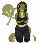 alligator alligatorid annoyed anthro biped bone breasts cleavage clothed clothing cosmicminerals crocodilian crossed_arms dreadlocks female fully_clothed green_body hair hi_res looking_at_viewer midriff non-mammal_breasts reptile scalie sharp_teeth shirt simple_background skull solo standing tank_top teeth topwear white_background yellow_eyes zynn