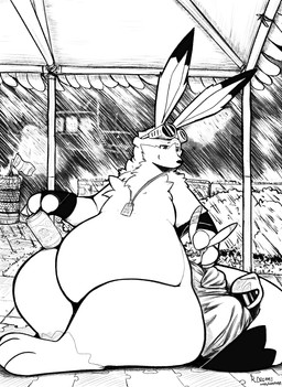 anthro armor bedding belly beverage_can big_belly blanket chest_tuft clothing duo eyewear eyewear_on_head fingerless_gloves gloves goggles goggles_on_head handwear headgear helmet jewelry long_ears looking_at_another male narrowed_eyes necklace sitting size_difference sleeping smile tuft raster_dreams bomberman konami lagomorph louie_(bomberman) mammal 2025 hi_res monochrome signature