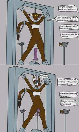 angry animal_dildo animal_sex_toy anthro ball_gag blindfold brown_body camera clothed clothing collar dialogue dildo dildo_in_vagina dildo_insertion equine_dildo exhibitionism female gag genitals laboratory machine_bondage machine_sex offscreen_character penetration rape_play restrained_arms restrained_feet restrained_tail sex_toy sex_toy_in_vagina sex_toy_insertion skimpy spread_eagle tail tail_hand text unusual_anatomy unusual_tail vaginal vaginal_penetration vulva whiskers yellow_eyes trinitite tory_(trinitite) ahuizotl comic english_text hi_res