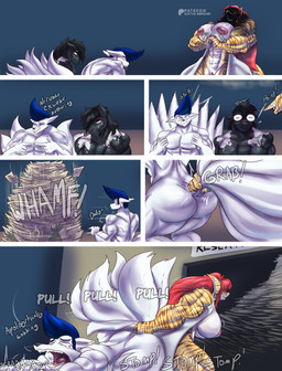 anthro anthrofied breasts bulging_eyes cracking_knuckles dragged female genitals intimidating_female looming male multi_tail muscular muscular_female paperwork tail tail_grab text vulva doctor_awesome aquatic canid canine equid equine fish fox horse mammal shark absurd_res comic english_text hi_res