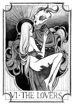2_horns ambiguous_gender bone card carrying_another clothed clothed/nude clothing duo fangs feet female floating_head hair halo horn long_hair major_arcana nude skull skull_head tarot tarot_card teeth the_lovers_(tarot) feefal demon demon_humanoid human humanoid mammal greyscale hi_res monochrome
