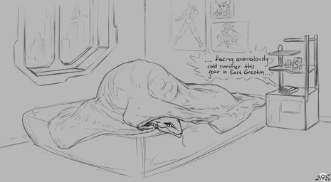 anthro apode bed bedding bedroom blanket city electronics female forked_tongue furniture legless looking_at_viewer poster pupils radio scales serpentine slit_pupils solo text tongue tongue_out under_covers window vstlm sol_mates twist_(sol_mates) alien draconcopode naga najani_(sol_mates) reptile scalie snake english_text monochrome sketch