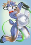 ahegao belly big_belly black_nose blue_body blue_eyes blush collar half-closed_eyes hooves horn hose hose_inflation inflatable inflation kneeling latex looking_pleasured male motion_lines multicolored_body narrowed_eyes nude pool_toy pump pumping solo standing tongue translucent translucent_body white_body otterbits jaiy animate_inanimate deer living_inflatable mammal absurd_res hi_res