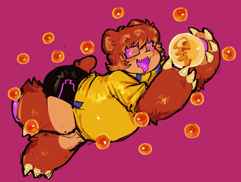ambiguous_gender anthro bent_leg big_eyes black_bottomwear black_clothing black_hotpants black_shorts bodily_fluids bottomwear brown_body brown_fur brown_hair cat_smile claw_fingers claws clothing colored_saliva cute_fangs drooling fangs fish_egg floating floating_object fur furry_arms fuzzy_ooze golden_egg hair holding_object hotpants hypnotized_eyes multicolored_eyes on_one_leg partial_fur power_egg pupils purple_saliva purple_sclera purple_tongue round_ears saliva scut_tail shirt short_tail shorts simple_background slightly_chubby slightly_chubby_ambiguous slightly_chubby_anthro slightly_chubby_humanoid standing sweater tail tan_body tan_skin teeth toe_claws tongue tongue_out topwear turtleneck unusual_bodily_fluids unusual_pupils unusual_saliva yellow_clothing yellow_shirt yellow_topwear serafphim nintendo splatoon charlie_(serafphim) animal_humanoid bear humanoid mammal mammal_humanoid ursid_humanoid 2026 colored_sketch full-length_portrait hi_res portrait shaded sketch male_(lore)