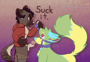 all_fours anthro arched_back clothed clothing collar collar_only command duo ears_down leash leash_pull leashed_collar male male/male narrowed_eyes nude partially_clothed pivoted_ears pressed_against_penis smile smirk standing text greenolive olive_(greenolive) tote_(greenolive) canid canine fox hyena mammal digital_media_(artwork) hi_res
