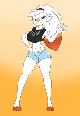 anthro barefoot big_breasts bottomwear breasts clothed clothed_anthro clothed_female clothing crop_top feet female fur hair long_ears looking_at_viewer multicolored_body multicolored_fur orange_body orange_fur pokemorph shirt shorts small_waist solo standing topwear two_tone_body two_tone_fur white_body white_fur white_hair sandwich-anomaly nintendo pokemon hanabi_(irohcard) generation_8_pokemon lagomorph leporid mammal pokemon_(species) rabbit scorbunny 2026 hi_res