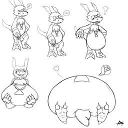 belly big_belly digital_hazard digitigrade inflation male markings obese open_mouth overweight solo symbol weight_gain azureclover bandai_namco digimon digimon_(species) guilmon reptile scalie 1:1 2017 monochrome sketch
