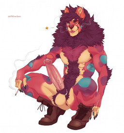 anthro anus balls big_penis blep body_hair boots boots_only cigarette cigarette_smoke claws clothing crouching erection footwear footwear_only fur genitals happy_trail humanoid_genitalia humanoid_penis long_penis male mane markings mostly_nude nude one_eye_closed penis pubes shoes simple_background smoke solo spots spotted_body spotted_fur tongue tongue_out white_background wink skiffkhariben felid lion mammal pantherine hi_res