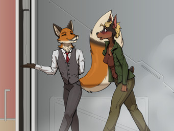5_fingers amputee anthro blonde_hair blush breasts brown_body brown_fur brown_nose clothed clothing dipstick_ears dipstick_tail disability duo ear_markings female fingers fur hair inner_ear_fluff male markings multicolored_ears navel necktie tail tail_markings tuft gewitter canid canine canis dobermann domestic_dog fox mammal pinscher 2023 4:3 absurd_res comic digital_media_(artwork) hi_res shaded story story_in_description