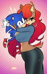 anthro between_breasts big_breasts blush bottomwear breasts clothing duo ear_piercing ear_ring female larger_female lifting_another looking_at_viewer male male/female midriff piercing ring_piercing size_difference smaller_male thick_thighs tight_bottomwear tight_clothing jamoart archie_comics classic_sonic_(universe) sega sonic_the_hedgehog_(archie) sonic_the_hedgehog_(comics) sonic_the_hedgehog_(series) classic_sonic sally_acorn sonic_the_hedgehog chipmunk eulipotyphlan ground_squirrel hedgehog mammal rodent sciurid absurd_res hi_res