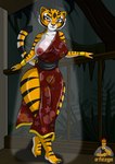 5_toes anthro areola barefoot bedroom_eyes big_breasts breasts clothing countershading dress feet female narrowed_eyes nipples one_breast_out seductive shirt solo thick_thighs toes topwear tunic wide_hips a-fitzga dreamworks kung_fu_panda master_tigress felid mammal pantherine tiger absurd_res hi_res