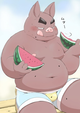 anthro belly blush bulge clothing eating food fruit humanoid_hands kemono male melon navel overweight overweight_anthro overweight_male plant sitting solo text tongue tongue_out underwear watermelon meg_hoi domestic_pig mammal suid suine sus_(pig) 2018 japanese_text