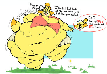after_vore anthro belly big_belly breasts dialogue female morbidly_obese morbidly_obese_anthro morbidly_obese_female obese obese_anthro obese_female oral_vore overweight overweight_anthro overweight_female same_size_vore solo talking_to_viewer text vore kaboodles animal_crossing nintendo isabelle_(animal_crossing) canid mammal english_text hi_res