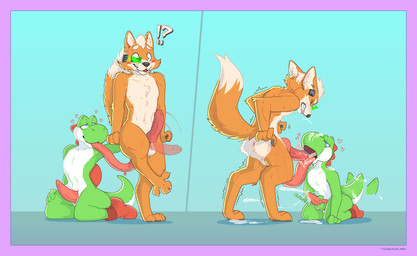 anal anthro anthro_on_anthro anus backsack balls big_penis black_nose blue_eyes bodily_fluids boots boots_only border bouncing_penis butt claws clenched_teeth clothing cum cum_in_mouth cum_inside cum_on_face cum_on_ground cum_on_snout cum_on_tail cumshot cumshot_in_mouth digitigrade dipstick_tail duo ejaculation erection eyebrows eyes_closed feet footwear footwear_only fur genital_fluids genitals green_body grey_pawpads heart_symbol hindpaw humanoid_genitalia humanoid_penis hybrid_genitalia hybrid_penis interrobang interspecies kneeling knot knotted_humanoid_penis knotted_penis long_tongue looking_pleasured male male/male male_anthro markings masturbation mostly_nude nude on_one_leg oral orange_body orange_fur orgasm pawpads paws penile penile_masturbation penis pink_anus pink_penis pink_tongue plantigrade purple_border raised_tail rimming sex shoes snout sound_effects spread_toes standing surprised tail tail_markings tail_motion tailwag tapering_penis teeth toes tongue tongue_out tonguejob white_claws white_eyebrows white_tail_tip dyyrlysh mario_bros nintendo star_fox the_super_mario_galaxy_movie fox_mccloud yoshi_(character) canid canine fox green_yoshi mammal yoshi 2026 absurd_res aliasing aseprite_(artwork) cel_shading digital_drawing_(artwork) digital_media_(artwork) hi_res shaded