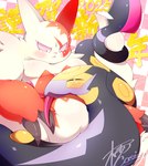 anthro belly bite black_body blush claws coiling duo feral fur male overweight pink_eyes white_body white_fur cosith nintendo pokemon generation_3_pokemon pokemon_(species) seviper zangoose hi_res