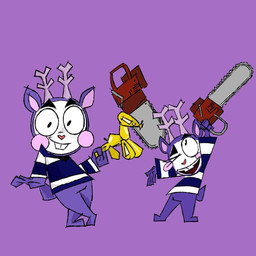anthro antlers blush buckteeth chainsaw clothed clothing horn mime power_tool purple_body simple_background teeth tools topwear kfoake happy_tree_friends mime_(htf) deer mammal 1:1