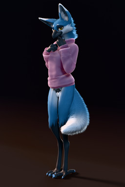 anthro balls beak biped black_beak blue_body blue_fur bottomless bottomless_anthro chastity_cage chastity_device claws clothed clothed_anthro clothing feet fingers flat_chastity_cage front_view fur genitals intersex looking_at_viewer partially_clothed partially_clothed_anthro scutes smile solo standing tail talon_hands talons toes white_body white_fur yellow_eyes ruaidri tori_(ruaidri) avian bird canid canine fox hybrid mammal 2026 2:3 digital_drawing_(artwork) digital_media_(artwork) hi_res gynomorph_(lore) intersex_(lore)