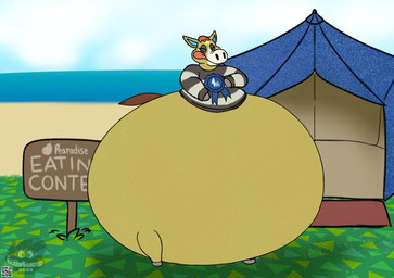 anthro beach belly big_belly big_butt bloated blue_inner_ear blue_ribbon bottom_heavy bottomless brown_body brown_fur brown_hair brown_tail butt clothed clothing eating_contest eyes_closed eyeshadow female fur grass grey_eyeshadow grey_hooves hair happy hooves huge_belly huge_butt hyper hyper_belly hyper_butt hyper_pear makeup monobutt morbidly_obese morbidly_obese_anthro morbidly_obese_female obese obese_anthro obese_female overweight overweight_anthro overweight_female pattern_clothing pattern_topwear pear-shaped_figure pink_tongue plant proud sea short_legs sign sky smile solo striped_clothing striped_topwear stripes tail tent tongue tongue_out topwear water weight_gain white_body white_fur wide_hips eileensamoyed animal_crossing nintendo winnie_(animal_crossing) equid equine horse mammal 2023