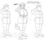 airborne_object anthro belt big_breasts blush boots breasts button_(fastener) button_pop clothing dialogue faceless_character faceless_male female footwear gesture group hat headgear headwear male military_uniform nipples russian salute shoes soviet_union surprise text unbuttoned uniform wardrobe_malfunction world_war_2 panzerschreckleopard laya_chuganova felid mammal pantherine snow_leopard 2022 absurd_res english_text hi_res monochrome