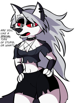 anthro bottomwear breasts clothing ear_piercing fangs female fur grey_body grey_fur grey_hair hair navel notched_ear open_mouth piercing red_sclera skirt solo teeth text thick_thighs topwear white_body white_eyes white_fur wide_hips doylecoati hellaverse helluva_boss mythology loona_(helluva_boss) canid canid_demon canine demon hellhound mammal mythological_canine mythological_creature 2020 digital_media_(artwork) english_text hi_res