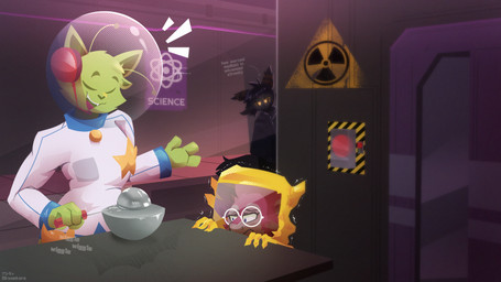 3_fingers 4_ears antennae_(anatomy) anthro astronaut_helmet black_body black_fur black_hair clothing detailed_background dialogue emanata eyes_closed eyewear female fingers fur glasses green_antennae green_inner_ear group hair hazmat_suit holding_object male motion_lines multi_ear nervous pink_body pink_fur screwdriver shaking smile standing text tools topwear trembling trio white_clothing white_eyewear white_glasses white_topwear skweekers demon_core stella_(skweekers) alien avali domestic_cat felid feline felis mammal shadekin 16:9 2025 character_request english_text hi_res widescreen