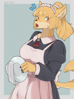 anthro breasts clothed clothed_female clothing female fur maid_headdress maid_uniform solo uniform washing_dishes yellow_body yellow_fur tlto1910 canid canine canis domestic_dog mammal absurd_res hi_res