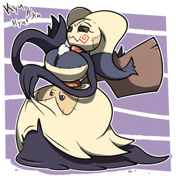 anthro big_breasts black_body breasts brown_tail cleavage clothed clothing clothing_lift eyebrows eyelashes female front_view giggling narrowed_eyes pseudo_clothing simple_background small_waist solo tail tan_body text three-quarter_view unusual_anatomy unusual_eye_placement wasp_waist wide_hips chabble nintendo pokemon mimina_(chabble) generation_7_pokemon mimikyu pokemon_(species) 1:1 2025 absurd_res digital_drawing_(artwork) digital_media_(artwork) hi_res