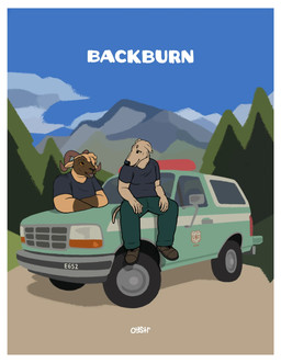 anthro black_clothing black_shirt black_t-shirt black_topwear boots border bottomwear bovid_horn brown_body brown_boots brown_clothing brown_footwear brown_fur caprine_horn clothing duo footwear forest_background fur green_bottomwear green_clothing green_pants horn leaning_on_car looking_at_another male orange_eyes pants ram_horn shirt shoes sitting_on_car sport_utility_vehicle t-shirt tan_body tan_fur text topwear truck vehicle white_border yellow_eyes oystr united_states_forest_service bethany_(oystr) lily_(oystr) bovid canid canine canis caprine domestic_dog hunting_dog mammal sheep sighthound cover cover_art cover_page english_text hi_res