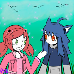 accessory anthro blue_hair duo female fur green_eyes hair hair_accessory hairclip hearing_aid orange_eyes red_hair white_body white_fur lunarnightdragon my_neighbor_enide allie_(my_neighbor_enide) arthropod crab crustacean decapod domestic_cat felid feline felis malacostracan mammal 1:1 hi_res