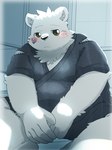 anthro blush humanoid_hands jinbei_(clothing) kemono male overweight overweight_male sitting solo menmen_kesinn bear mammal polar_bear ursine 2024 3:4