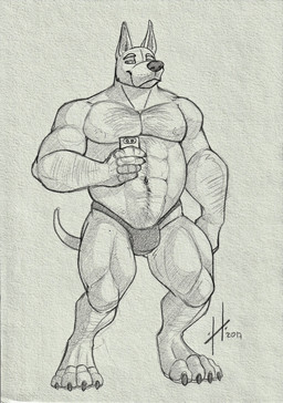 abs anthro bulge claws clothed clothing electronics finger_claws front_view holding_object holding_phone looking_at_viewer male male_anthro mouth_closed muscular muscular_anthro muscular_male narrowed_eyes overweight overweight_anthro overweight_male pecs phone solo standing toe_claws topless hufnaar canid canine canis domestic_dog mammal 2017 dated full-length_portrait hi_res monochrome portrait sketch traditional_media_(artwork)