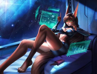 anthro biped bottomwear breasts claws clothed clothed_anthro clothed_female clothing countershade_torso countershading feet female fingers fully_clothed fully_clothed_anthro fully_clothed_female fur hair inside navel solo star tail toes topwear kilbi canid canine mammal 2026 digital_drawing_(artwork) digital_media_(artwork) hi_res