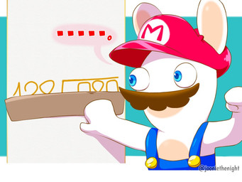 anthro blue_background blue_clothing blue_eyes blue_overalls blue_pupils brown_facial_hair brown_mustache clothed clothed_anthro clothing ellipsis equation facial_hair fist fur hat headgear headwear holding_object light long_ears male male_anthro mitten_hands multicolored_body mustache noseless overalls pupils red_clothing red_hat red_headwear shirtless_anthro shirtless_male simple_background solo speech_bubble tan_body tan_inner_ear tan_skin text two_tone_body white_body white_fur wide_eyed jooniethenight mario_bros mario_plus_rabbids_kingdom_battle nintendo raving_rabbids rayman_(series) ubisoft rabbid_mario lagomorph mammal rabbid 2023 4:3 artist_name crossover digital_drawing_(artwork) digital_media_(artwork) english_description english_text lighting shaded