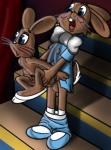 adolescent anthro blush bow_(feature) bow_tie breasts duo female male male/female platform stage young hamsy metalslayer soyuzmultfilm well_just_you_wait! zayats_(wjyw) hare lagomorph leporid mammal hi_res