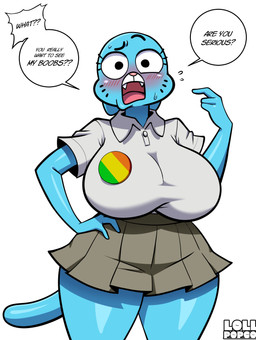 anthro biped blue_body blue_ears blue_fur blue_tail blush clothed clothed_anthro clothed_female clothing cute_fangs dialogue fangs female female_anthro fur looking_at_viewer open_mouth solo standing tail talking_to_viewer teeth text tongue lollipopcon cartoon_network the_amazing_world_of_gumball nicole_watterson domestic_cat felid feline felis mammal 2026 absurd_res english_text hi_res