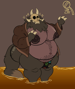 3_fingers anthro beard belly belly_hair big_belly big_butt big_muscles big_nipples big_pecs body_hair bone bottomless brown_clothing brown_jacket brown_topwear butt butt_hair chest_hair clothed clothing countershading eyes_closed facial_hair fingers fluffy fluffy_tail fur grey_background grey_body grey_fur hairy huge_butt huge_nipples huge_pecs jacket liquid long_tail male multicolored_body multicolored_fur muscular navel nipples overweight overweight_anthro overweight_male partially_submerged pecs pubes shirtless simple_background skull skull_head solo sparkles standing standing_in_liquid standing_in_water tail teeth thick_thighs topwear two_tone_body two_tone_fur water wide_hips jr7luckytanuki disney the_owl_house papa_titan_(the_owl_house) titan_(the_owl_house) 2023 absurd_res hi_res signature
